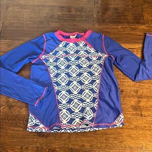 Cabana Life Girls' Blue and Pink Long Sleeve Rash Guard, size 14